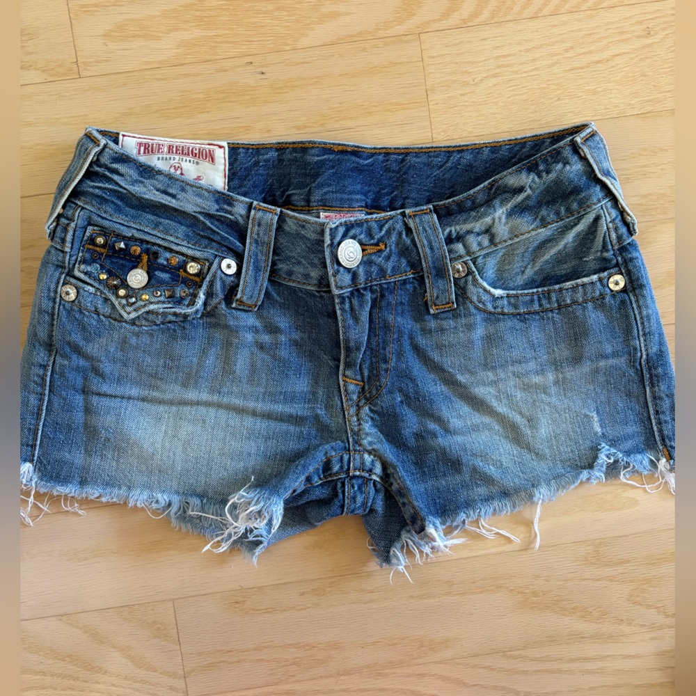 True Religion Distressed Blue Denim Shorts with Studded Detailing